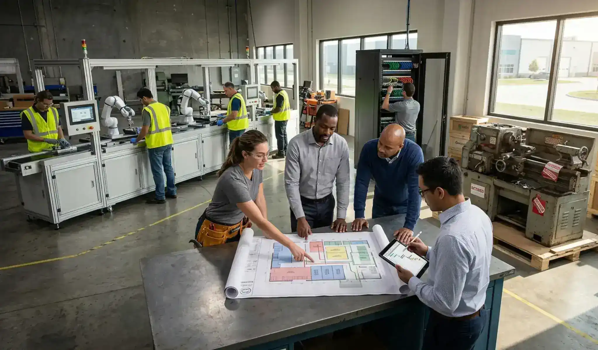 Equipe analisando a renovação do parque tecnológico em ambiente industrial